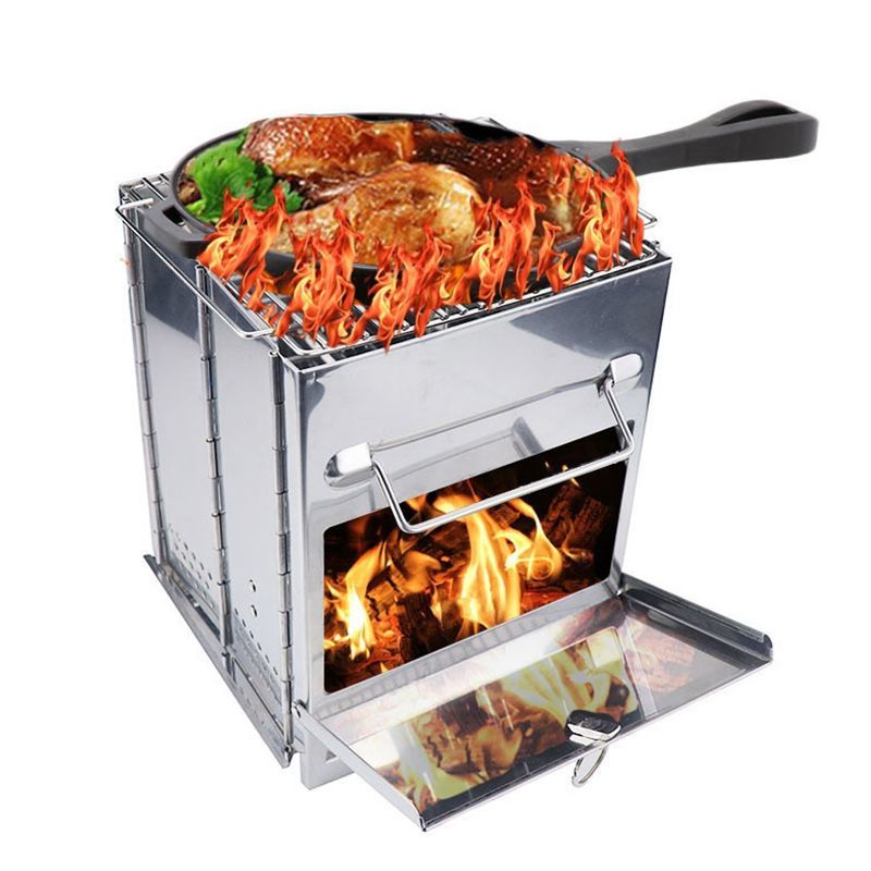 Outdoor Tourism Stainless Steel Square Wood Stove BBQ Grill Picnic Stove Charcoal Folding Grill High temperature Durability