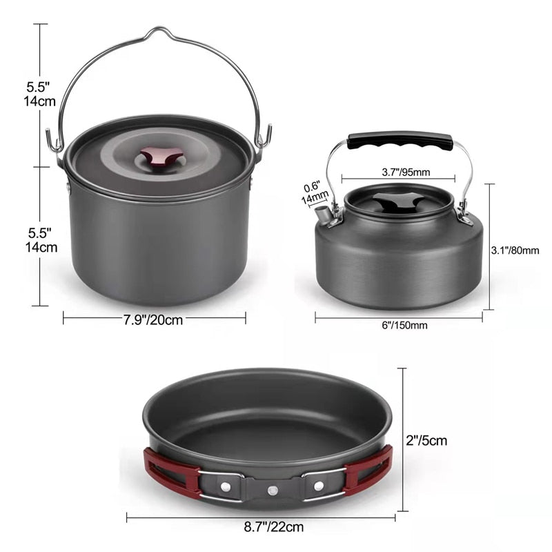 22PCS lightwelght soup pots, pans, teapots whit 4 cupsCamping Cooking kit for 4 person  Outdoor Camping Hiking Picnic