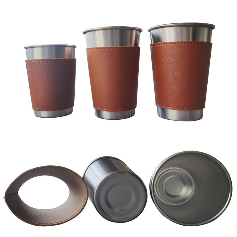 4PCS/lot 10-16oz Outdoor Camping Tableware Travel Cups Set Stainless Steel leather case Drinking Glasses Beer Cup cold drink cup