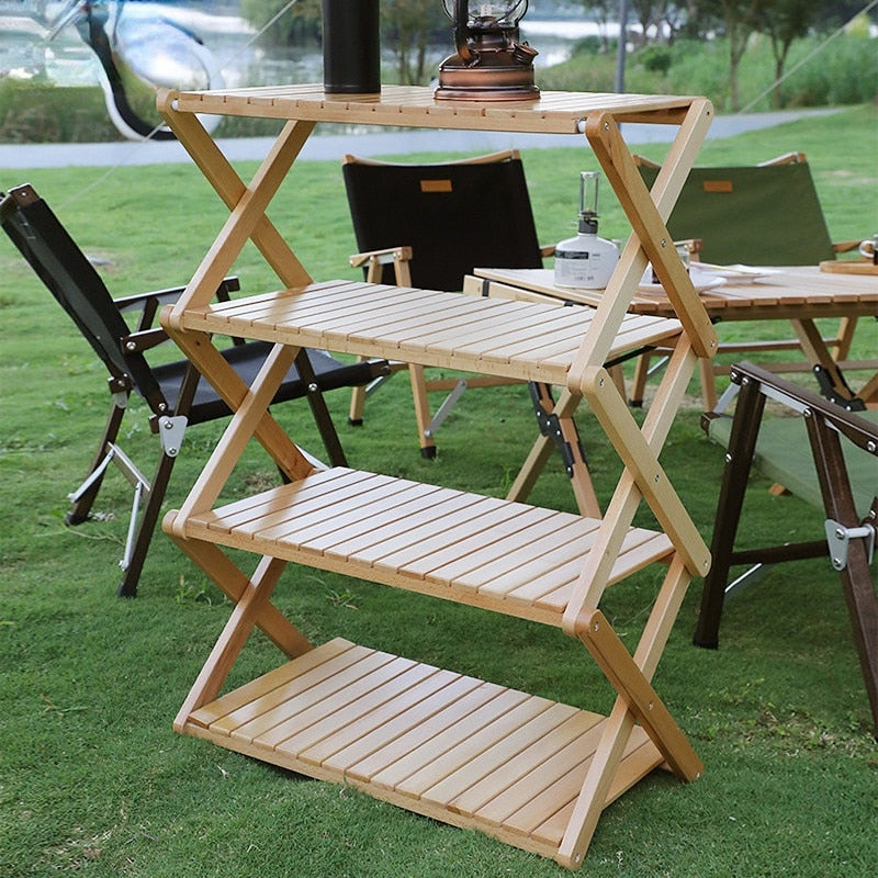 4-Tire Outdoor Rack Camping Picnic Portable Multi-functional Folding Table Multi-layer Bamboo Rack