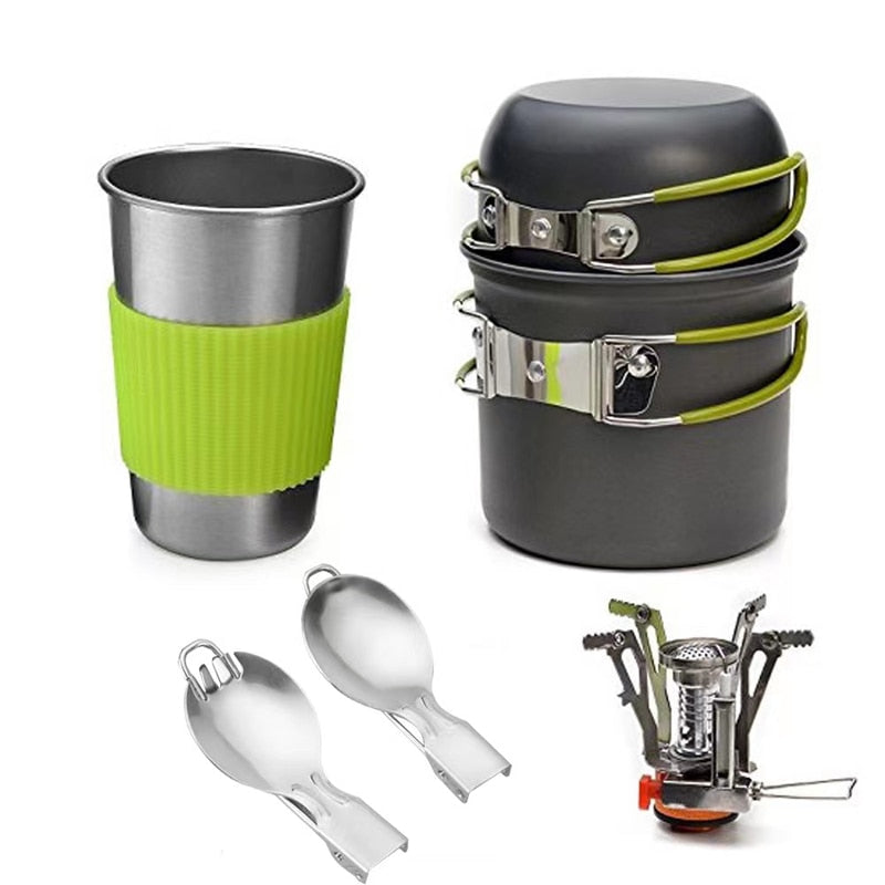 10PCS Camping Cookware Mess Kit with Mini Stove, Bracket Knife Fork Spoon, Stainless Steel Cup for Outdoor Camping Hiking Picnic
