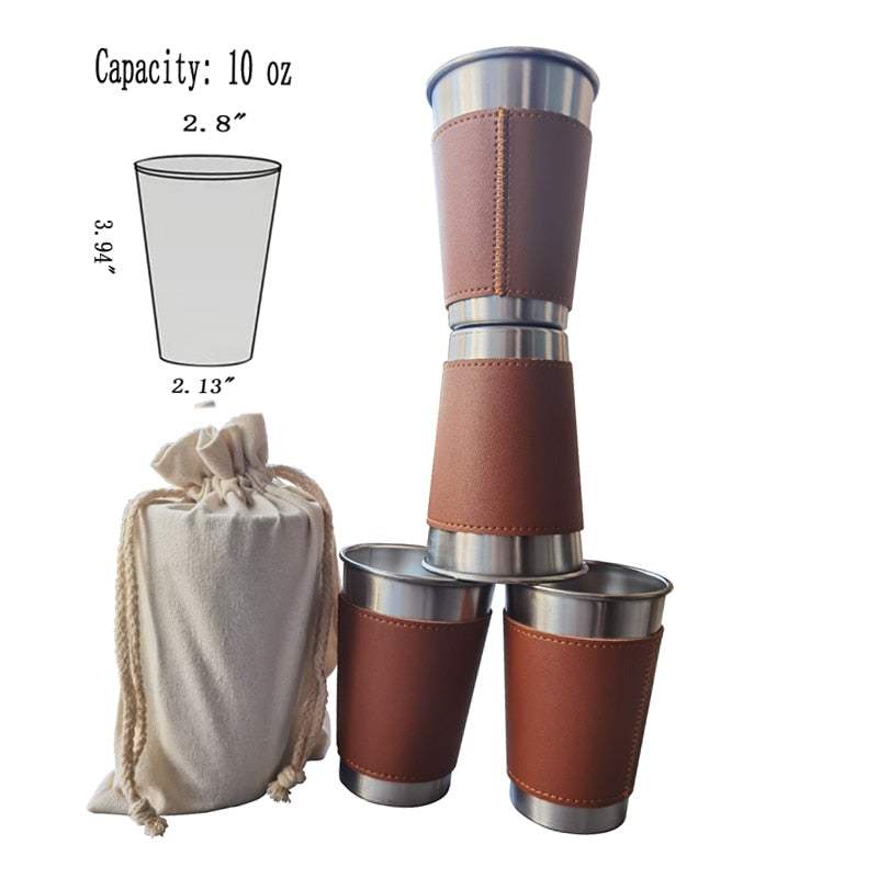 4PCS/lot 10-16oz Outdoor Camping Tableware Travel Cups Set Stainless Steel leather case Drinking Glasses Beer Cup cold drink cup